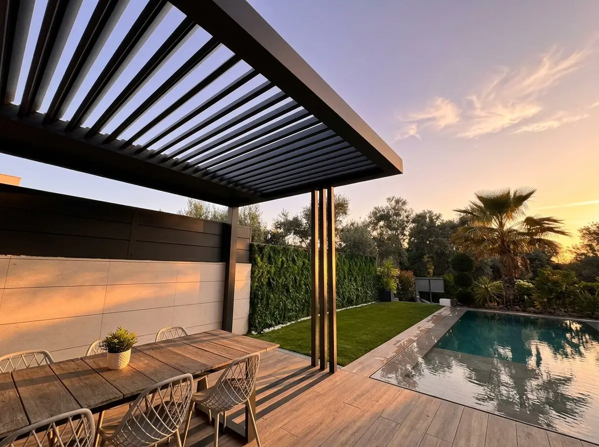 Patio contemporáneo al atardecer con piscina, pérgola, juego de comedor de madera, césped, plantas exuberantes y palmera.