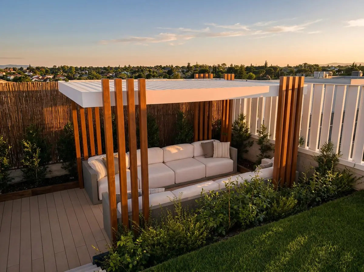 Sofá blanco acolchado bajo pérgola de madera con listones, vegetación y valla blanca al atardecer.
