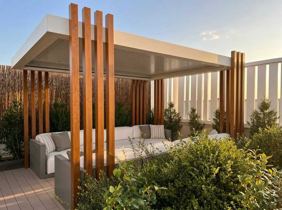 Patio contemporáneo con pérgola blanca, vigas de madera, sofá seccional gris y exuberante