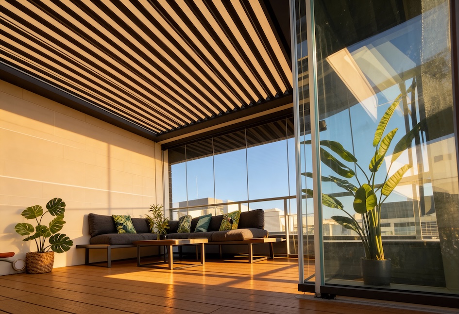 Moderna terraza acristalada con grandes ventanales, techo a rayas blancas y negras, suelo de