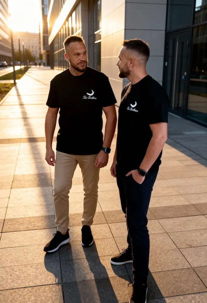 Dos hombres con camisetas lunares a juego sonríen al atardecer en la acera de una ciudad